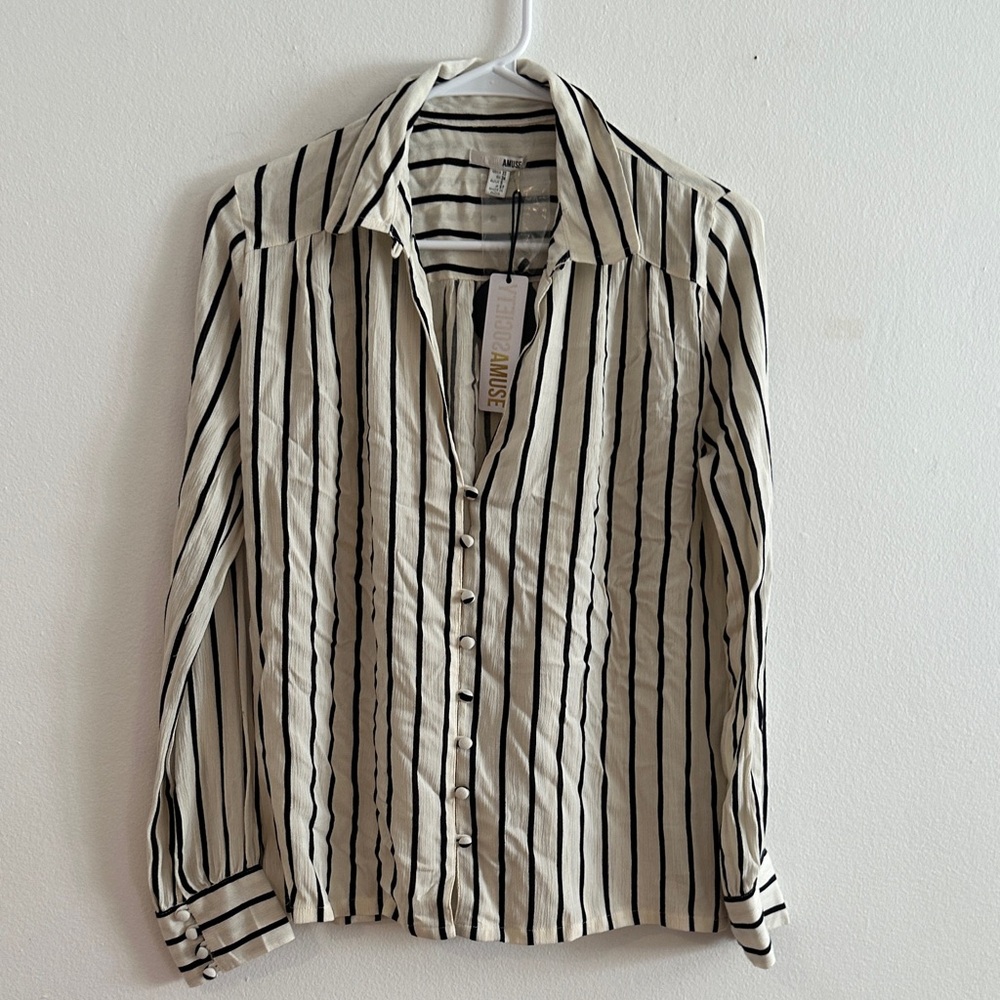 Amuse Society Black and Cream Striped Button-Down Shirt